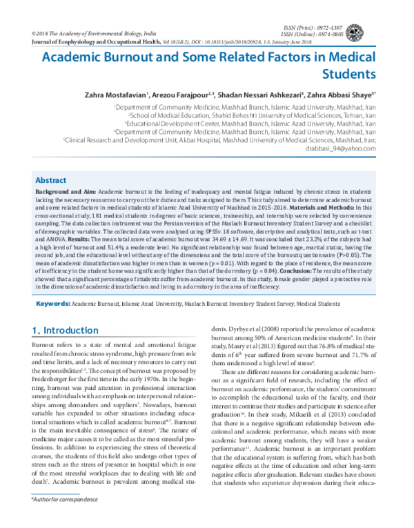 (PDF) Academic Burnout and Some Related Factors in Medical Students