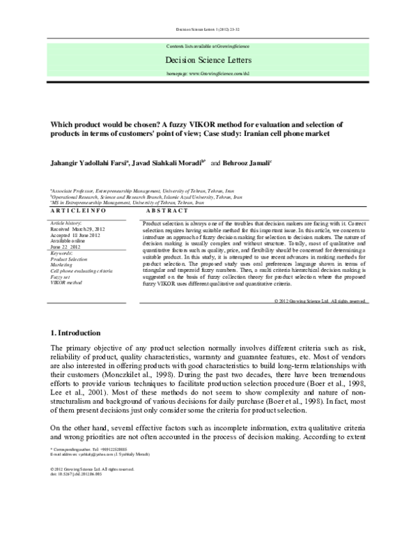 (PDF) Which product would be chosen? A fuzzy VIKOR method for ...