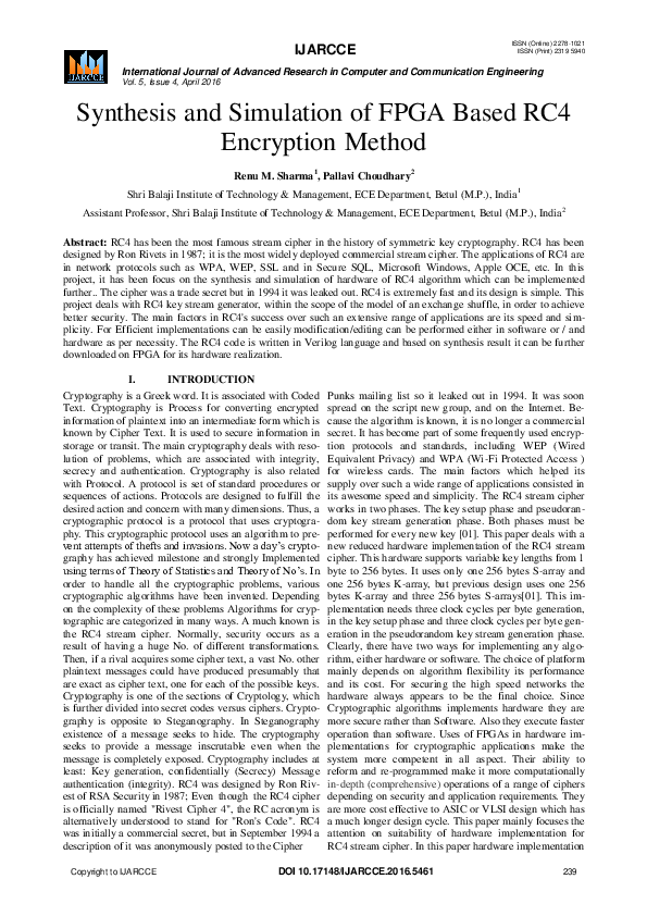 (PDF) Synthesis and Simulation of FPGA Based RC 4 Encryption Method