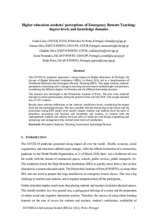 (PDF) Higher education students' perceptions of Emergency Remote ...
