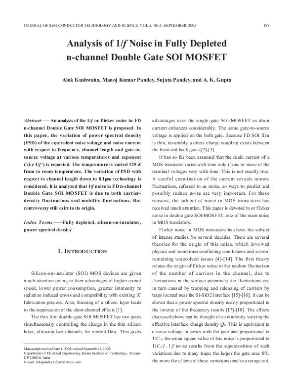 (PDF) Analysis of 1/f Noise in Fully Depleted n-channel Double Gate SOI ...