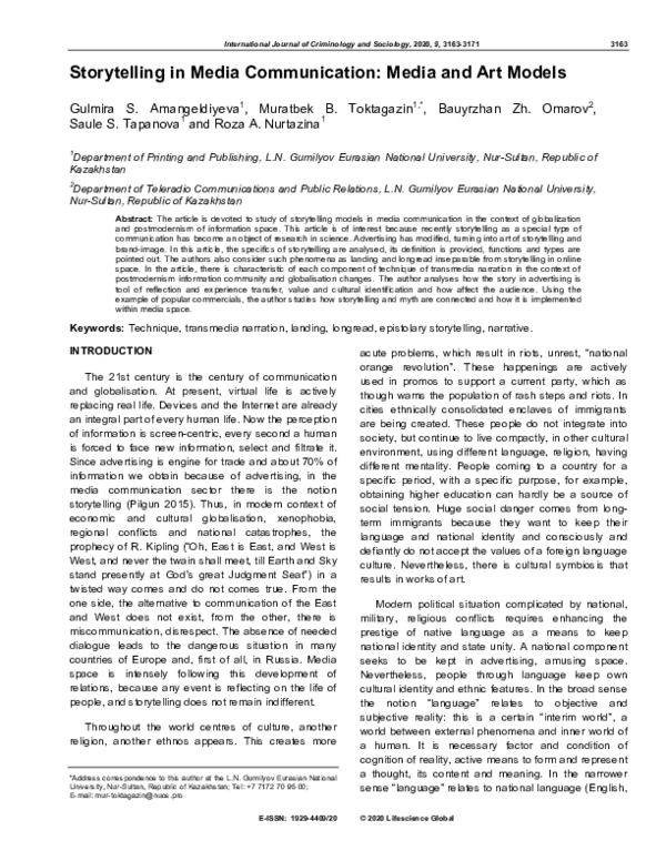 (PDF) Storytelling in Media Communication Media and Art Models Lifescience Global Canada