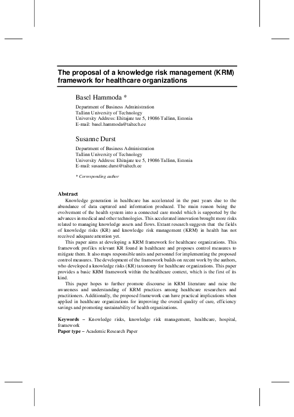 (PDF) The proposal of a knowledge risk management (KRM) framework for ...