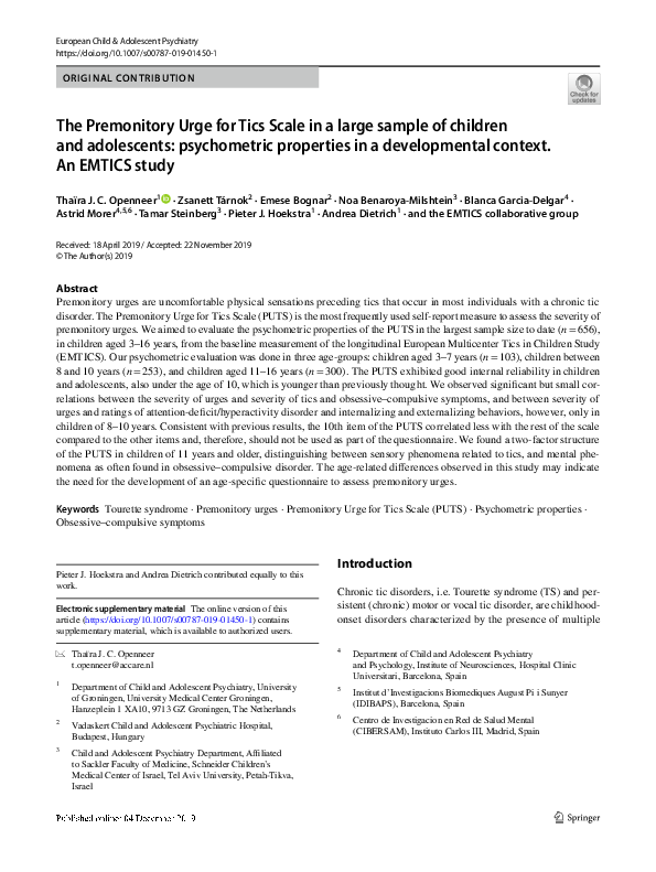 (PDF) The Premonitory Urge for Tics Scale in a large sample of children ...