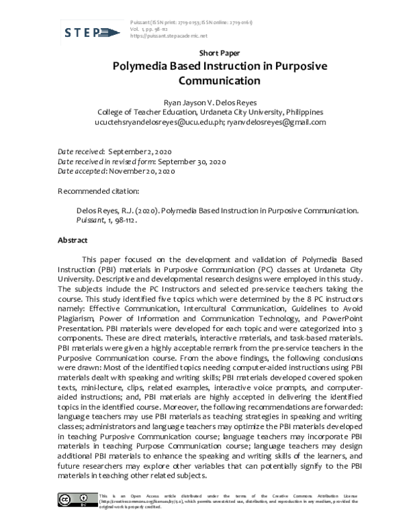 (PDF) Polymedia Based Instruction in Purposive Communication