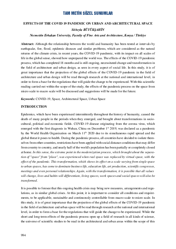 (PDF) EFFECTS OF THE COVID 19 PANDEMIC ON URBAN AND ARCHITECTURAL SPACE