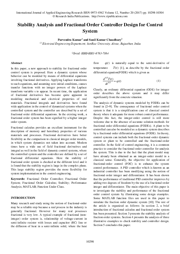(PDF) Stability Analysis and Fractional Order Controller Design for ...