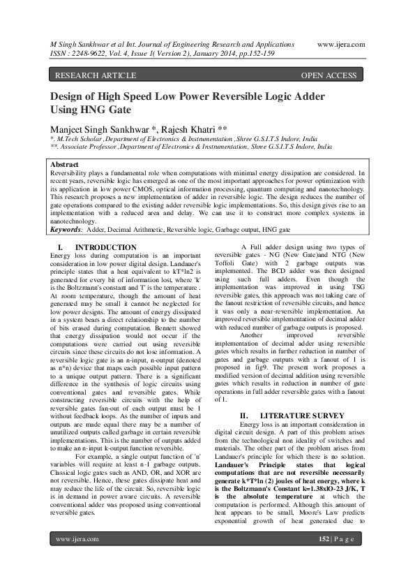 (PDF) Design of High Speed Low Power Reversible Logic Adder Using HNG Gate