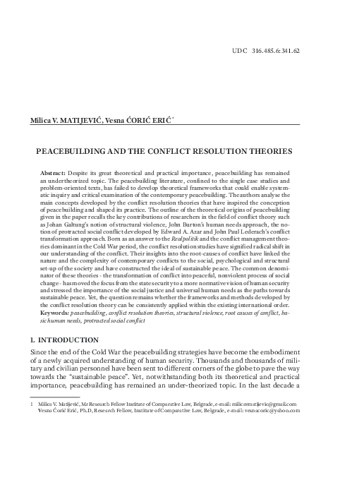 (PDF) Peacebuilding and the Conflict Resolution Theories