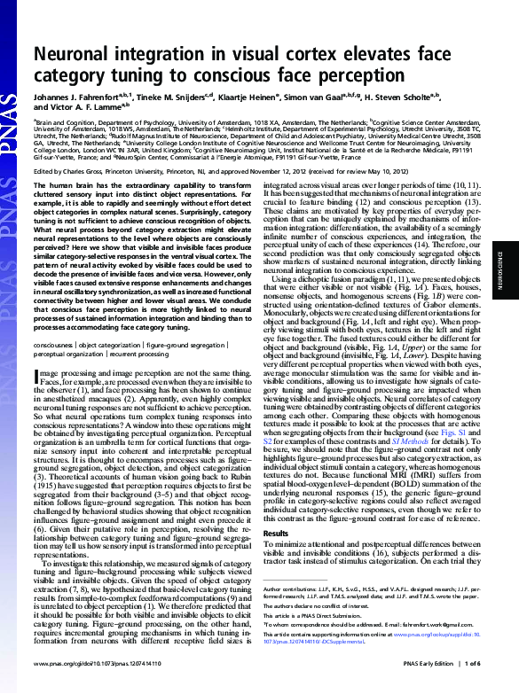 (PDF) Neuronal integration in visual cortex elevates face category ...