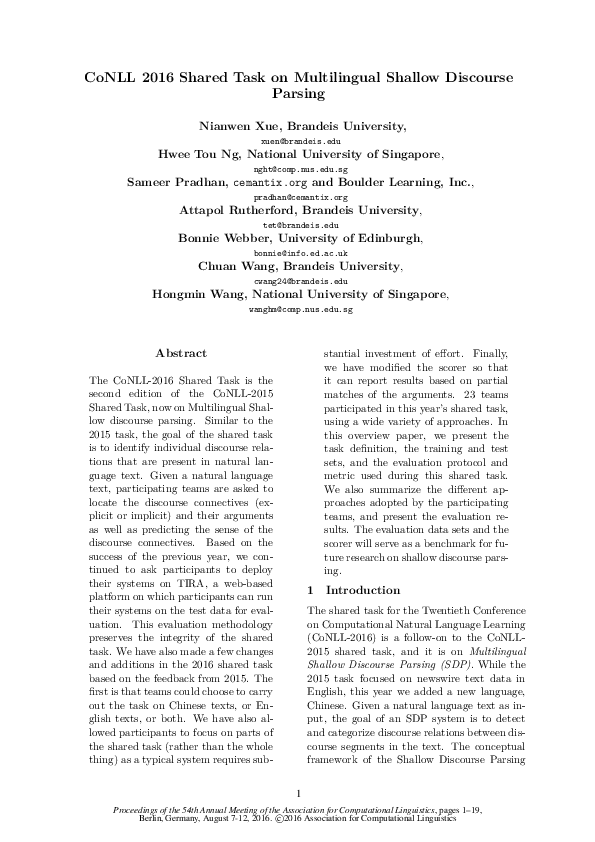 (PDF) CoNLL 2016 Shared Task on Multilingual Shallow Discourse Parsing