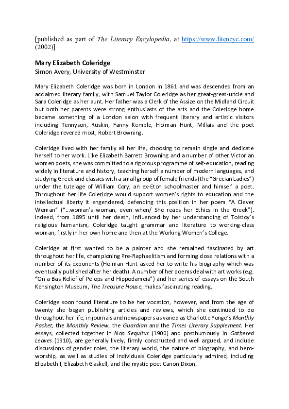 (PDF) Mary Elizabeth Coleridge