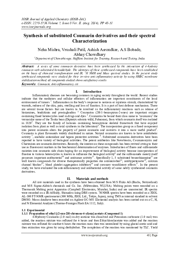 (PDF) Synthesis of substituted Coumarin derivatives and their spectral ...