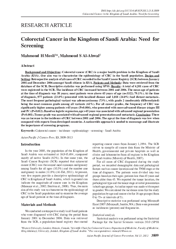 (PDF) Colorectal cancer in the Kingdom of Saudi Arabia: need for screening