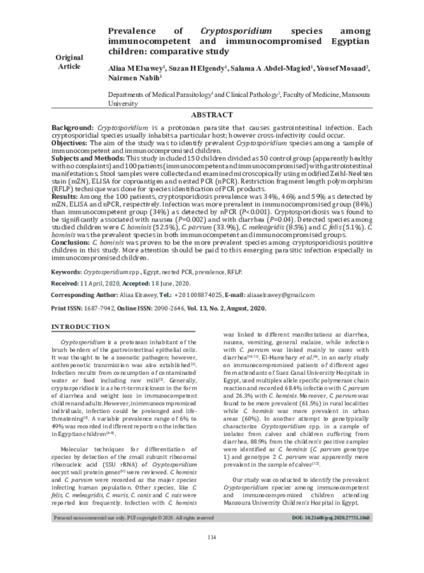 (PDF) Prevalence of Cryptosporidium species among immunocompetent and ...