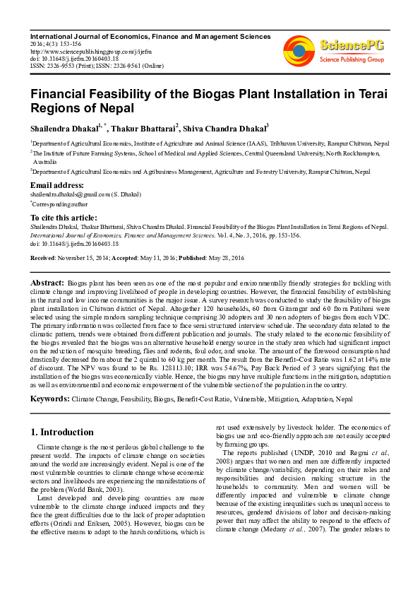 (PDF) Financial Feasibility of the Biogas Plant Installation in Terai ...