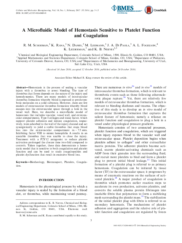 (PDF) A Microfluidic Model of Hemostasis Sensitive to Platelet Function ...