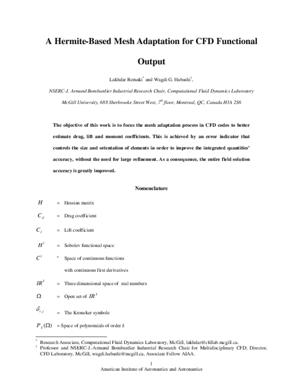 (PDF) A Hermite-Based Mesh Adaptation for CFD Functional Output