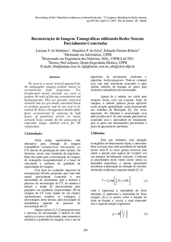  PDF Reconstru O De Imagens Tomogr Ficas Utilizando Redes Neurais 