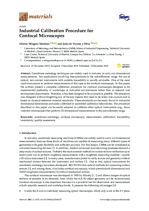 (PDF) Industrial Calibration Procedure for Confocal Microscopes Jesús de Vicente y Oliva