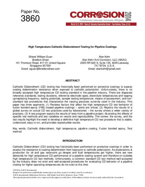 (PDF) High Temperature Cathodic Disbondment Testing for Pipeline