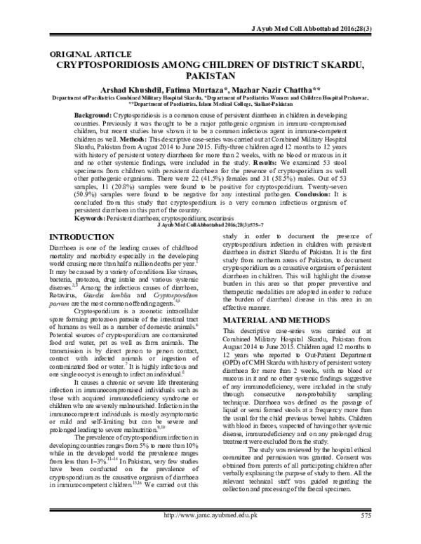 (PDF) Cryptosporidiosis Among Children Of District Skardu, Pakistan