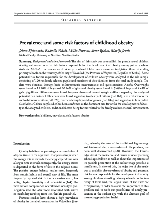 (PDF) Prevalence and some risk factors of childhood obesity