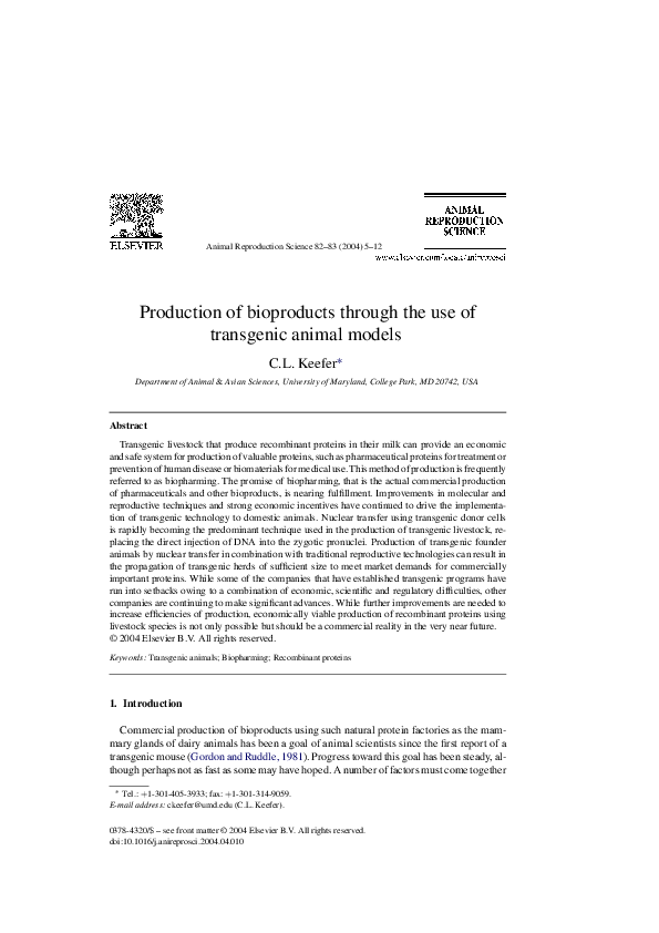 (PDF) Production of bioproducts through the use of transgenic animal models
