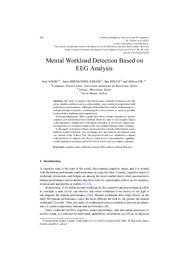 (PDF) Mental Workload Detection Based on EEG Analysis