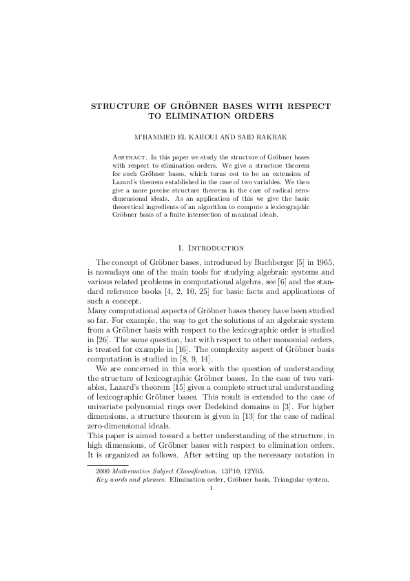 (PDF) Structure of Gröbner Bases with Respect to Elimination Orders