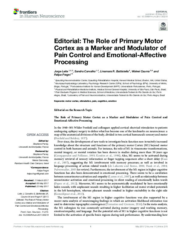 (PDF) Editorial: The Role of Primary Motor Cortex as a Marker and ...