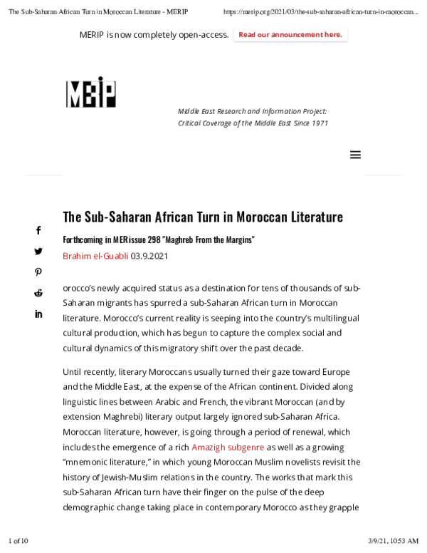 (PDF) The SubSaharan African Turn in Moroccan Literature