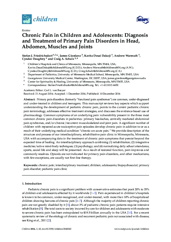 (PDF) Chronic Pain in Children and Adolescents: Diagnosis and Treatment ...