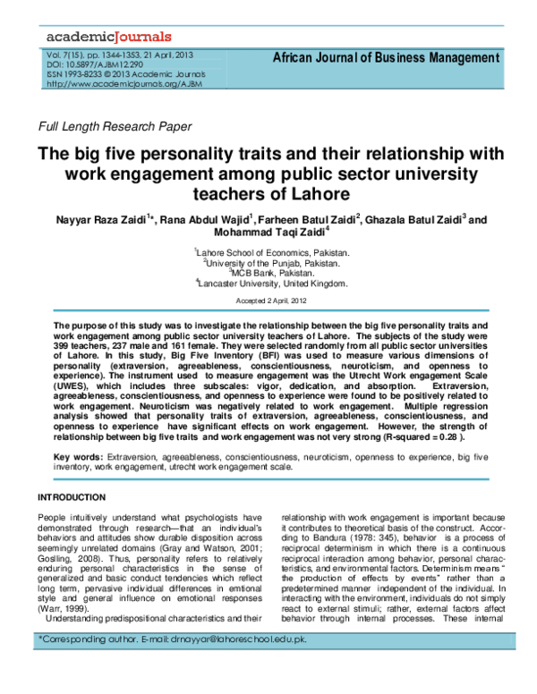 (PDF) The big five personality traits and their relationship with work ...
