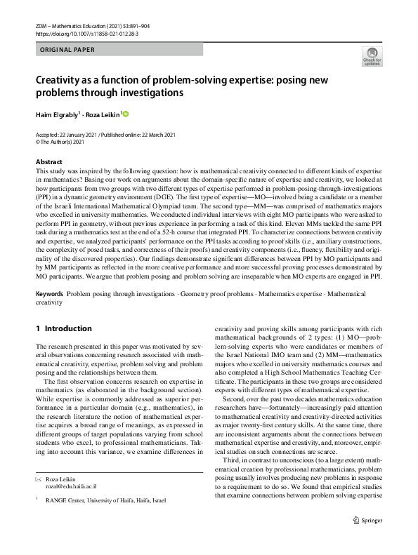 (PDF) Creativity as a function of problem-solving expertise: posing new ...