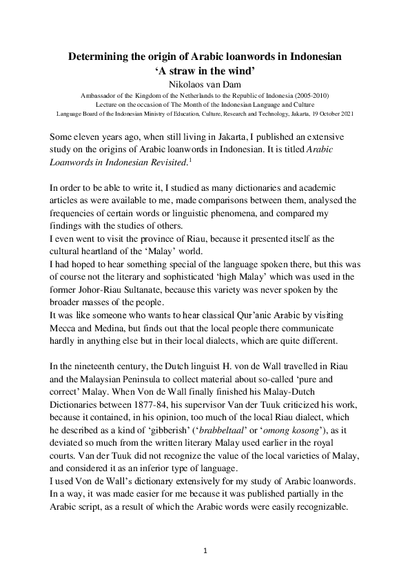 (PDF) Determining the origin of Arabic loanwords in Indonesian 'A straw