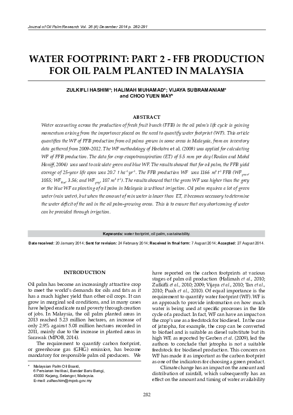 (PDF) WATER FOOTPRinT: PART 2 - FFB PRODUCTiOn FOR OiL PALM PLAnTED in ...