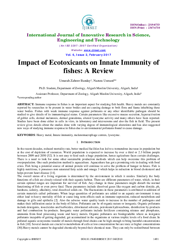 (PDF) Impact of Ecotoxicants on Innate Immunity of fishes: A Review