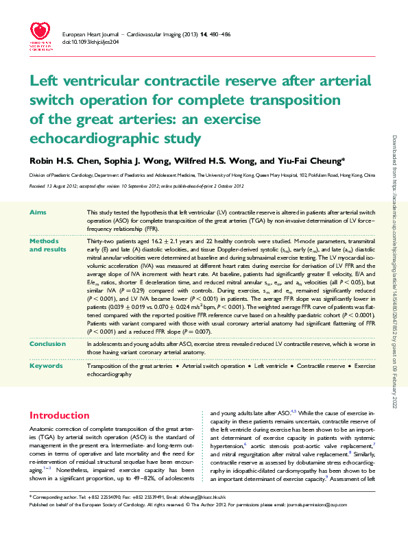 (PDF) Left ventricular contractile reserve after arterial switch ...