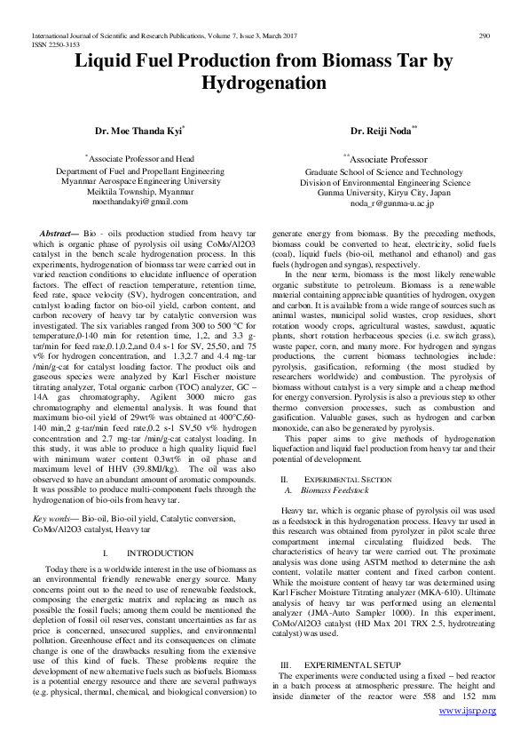 (PDF) Liquid Fuel Production from Biomass Tar by Hydrogenation