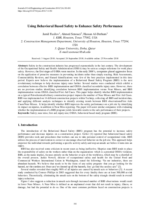 (PDF) Using Behavioral Based Safety to Enhance Safety Performance