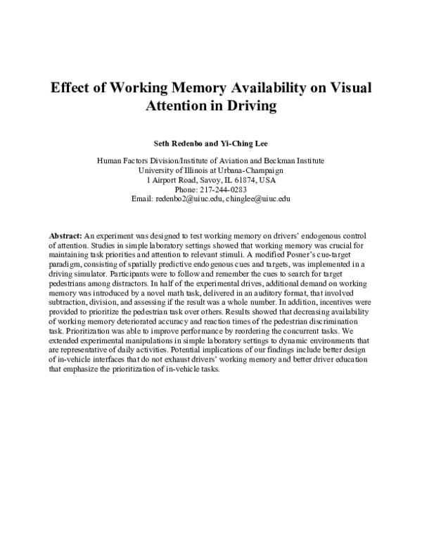 (PDF) Effect of Working Memory Availability on Visual Attention in Driving