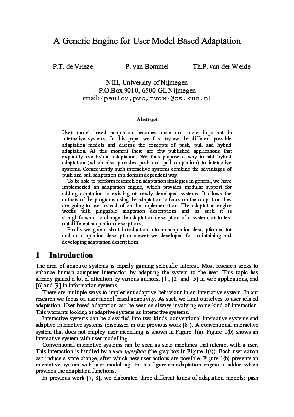 PDF) A generic engine for user model based adaptation | Theo van der Weide  - Academia.edu