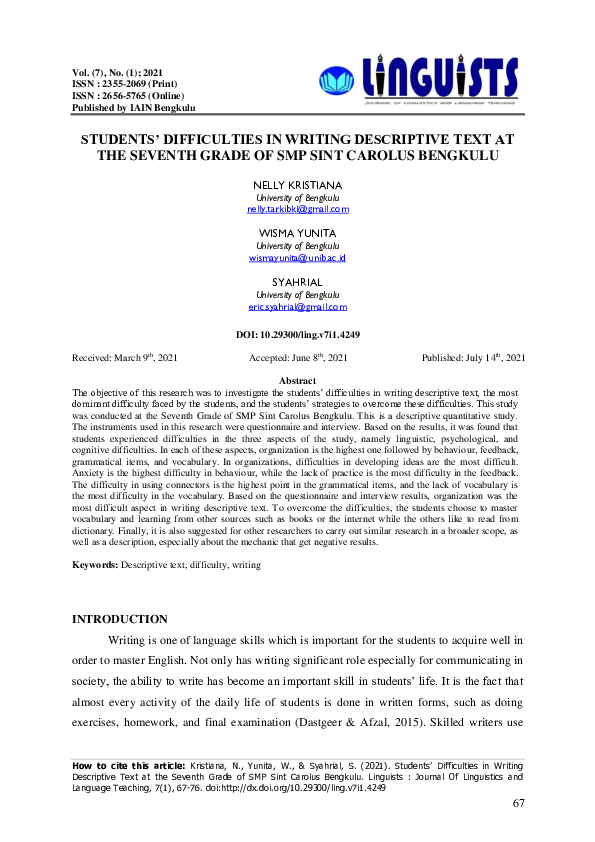 (PDF) Students' Difficulties in Writing Descriptive Text: An Analysis Study