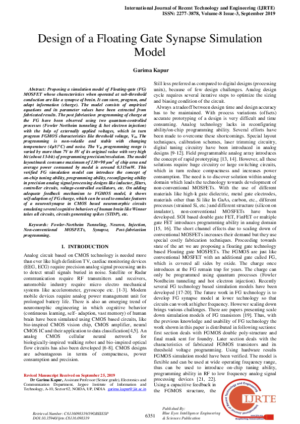 (PDF) Design of a Floating Gate Synapse Simulation Model