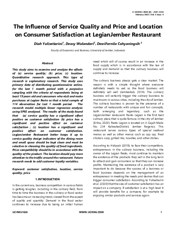 (PDF) The Influence of Service Quality and Price and Location on ...