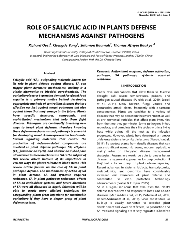 (PDF) ROLE OF SALICYLIC ACID IN PLANTS DEFENSE MECHANISMS AGAINST PATHOGENS