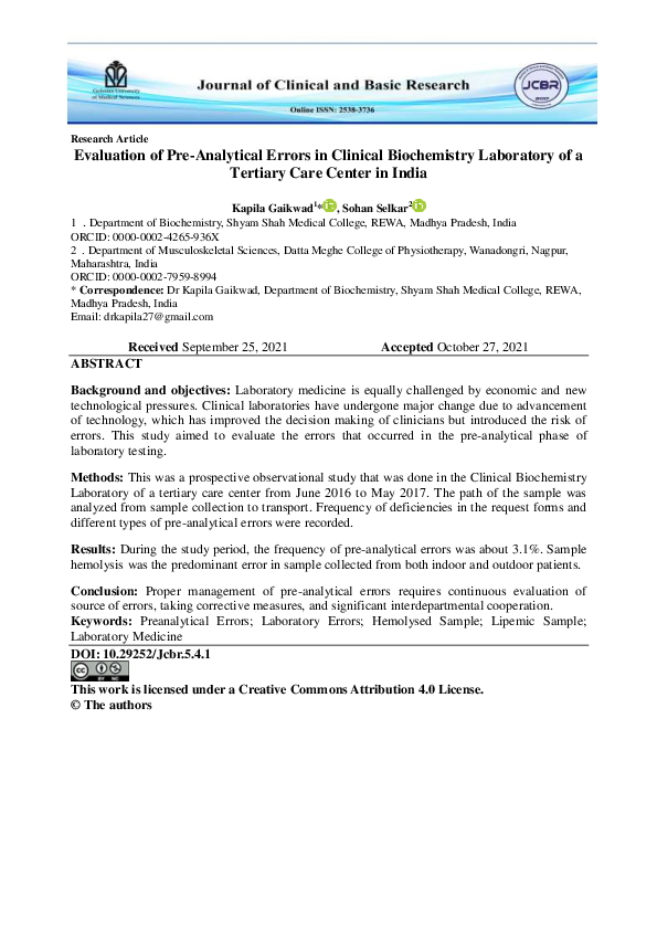 (PDF) Evaluation of Pre-Analytical Errors in Clinical Biochemistry ...