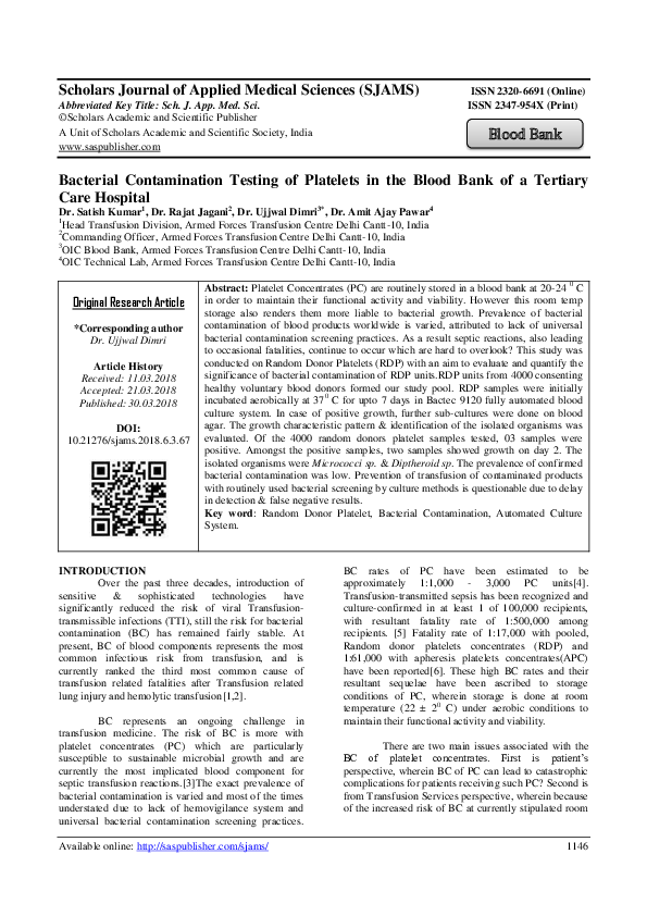 (PDF) Bacterial Contamination Testing of Platelets in the Blood Bank of