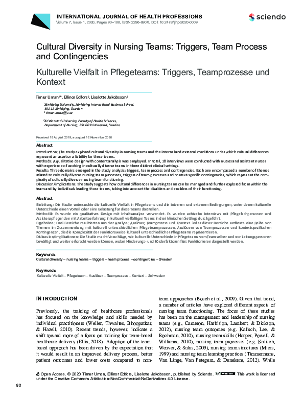 (PDF) Cultural Diversity in Nursing Teams: Triggers, Team Process and ...